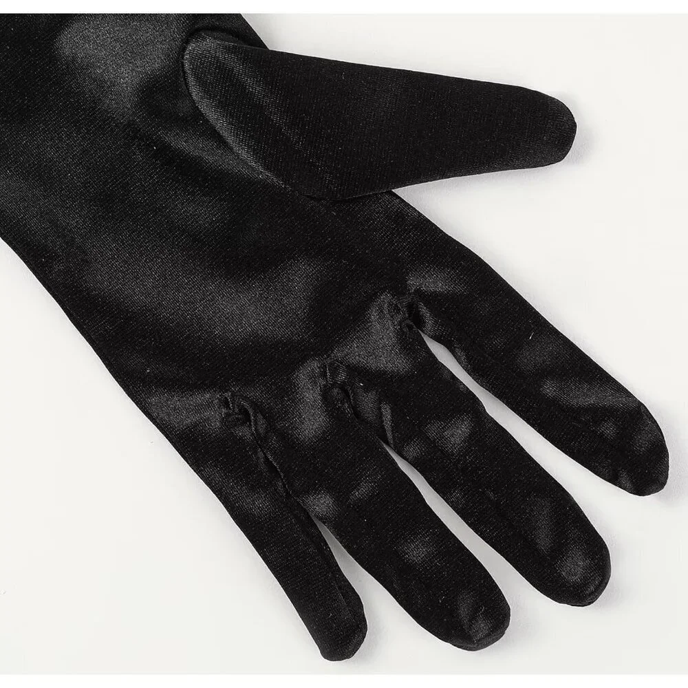 Women's Black Satin Pearl Short Length Wrist Gloves Wedding Banquet Party Prom